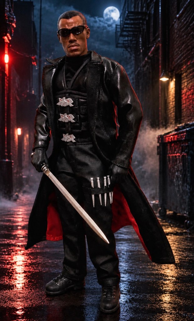 Blade standing in a rain-soaked alley under a full moon