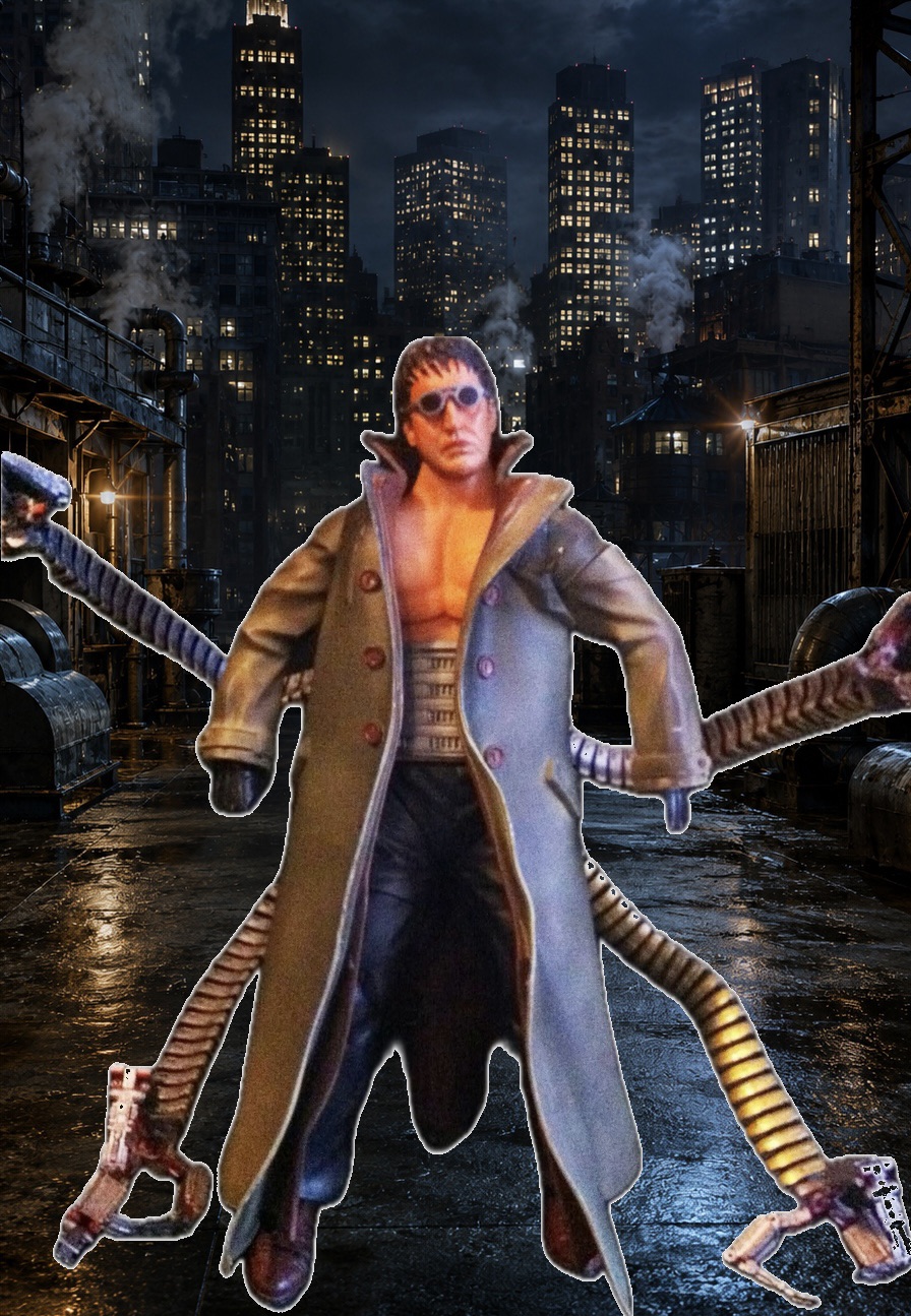 Doc Ock figure with tentacles against a city skyline backdrop