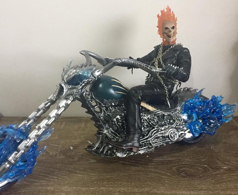 Close up of the Ghost Rider figure and his chopper showing the sculpt detail