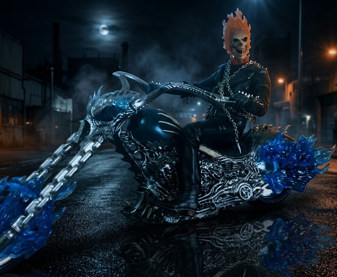 Ghost Rider on his flaming chopper under a night sky
