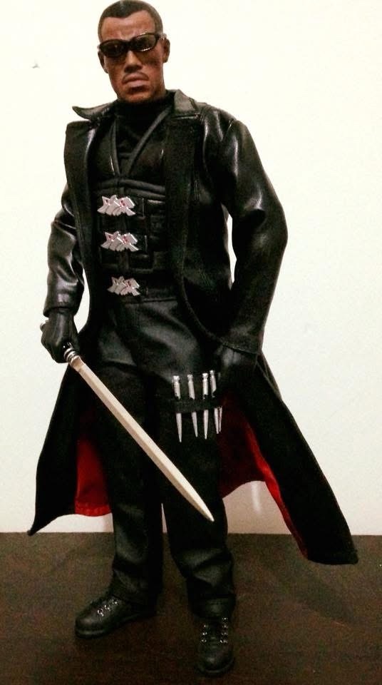 Close up of the Blade figure showing the coat, sword and stake holster