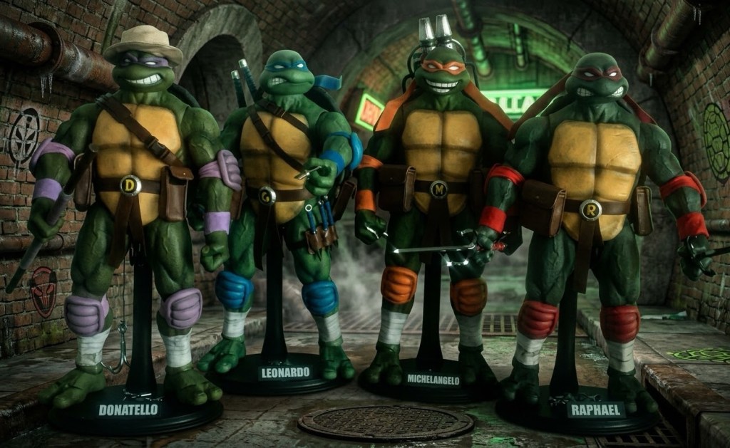 All four Ninja Turtles figures standing together in a sewer tunnel setting